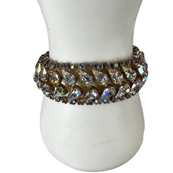 VTG Weiss Bracelet Size 7.5 Double Row Rainbow AB Rhinestones Gold Plated Signed - Picture 2 of 12